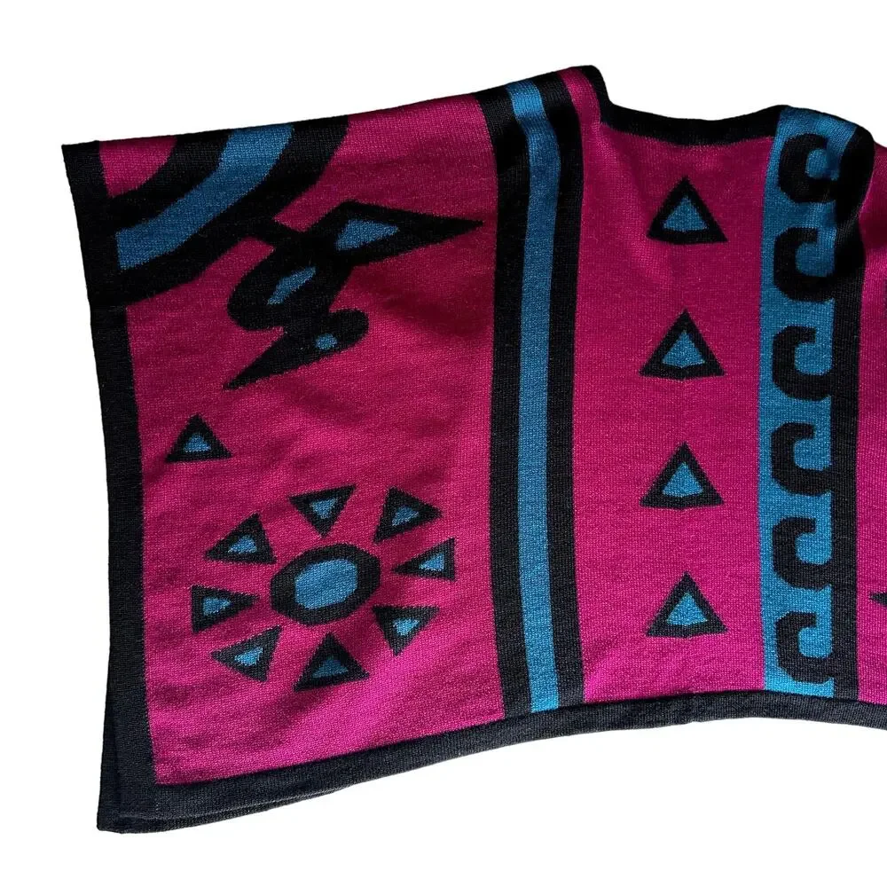 Origin Alpaca Bright‎ South American Graphic Pink Teal Knit Ruana Poncho Wrap OS